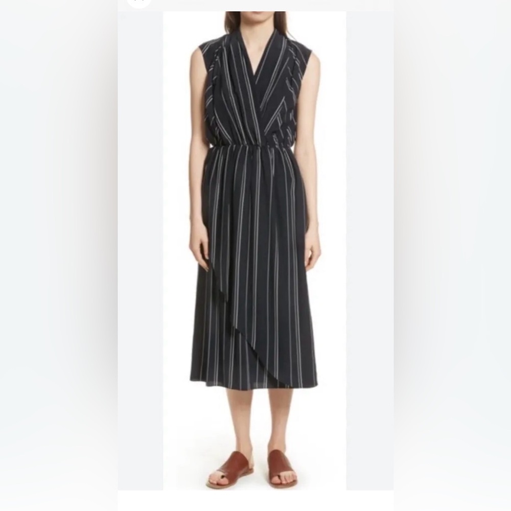 NWT Vince Stripe Draped Cross Front Dress in Coastal Blue